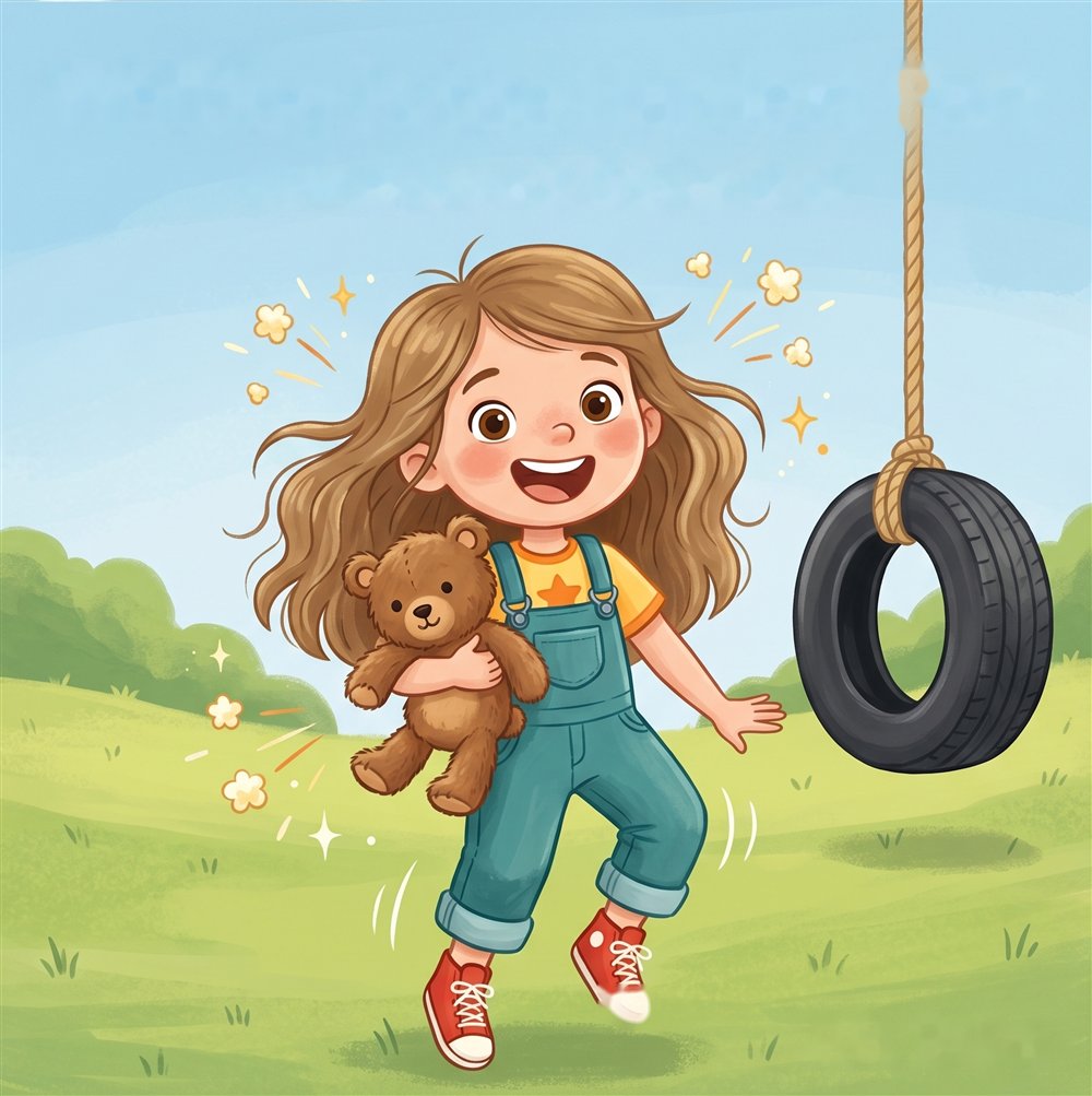 Persephone, a six-year-old girl with wavy light-brown hair, hugging her teddy bear Brinley and running past a tire swing.